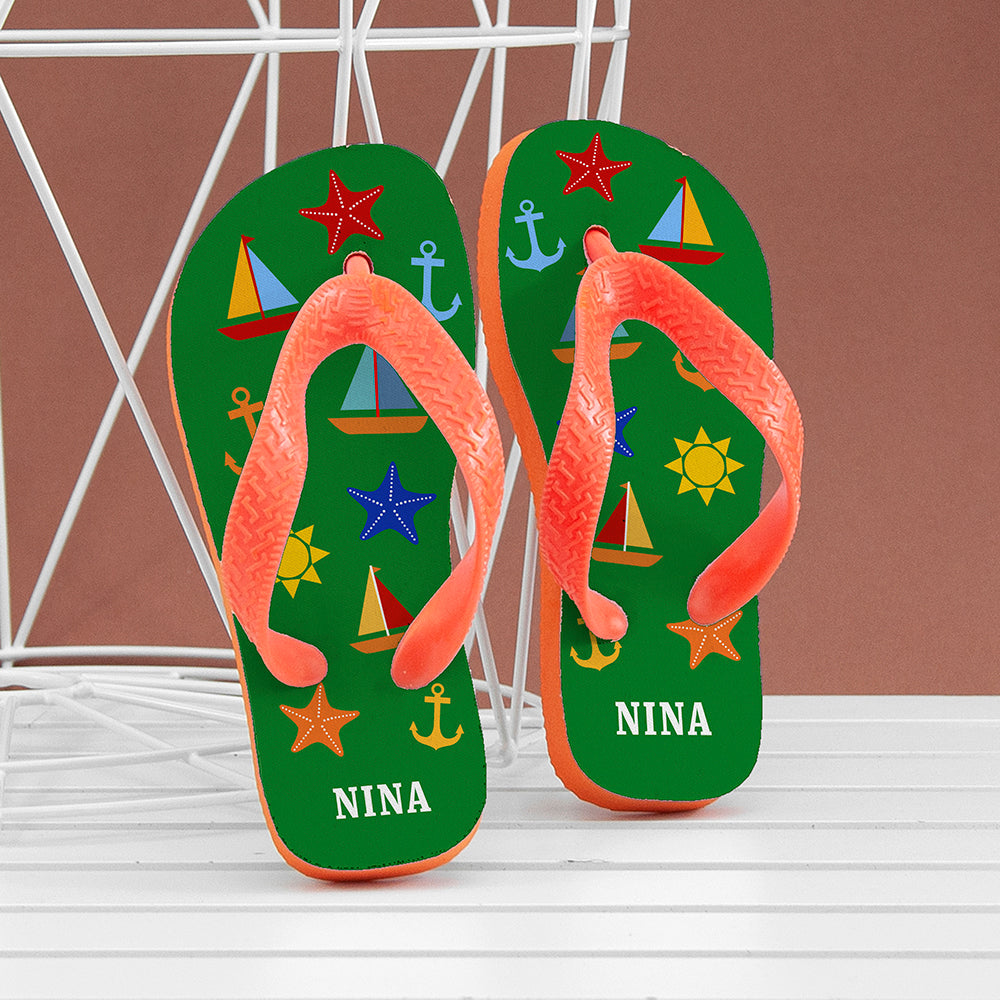 All The Fun At The Beach Child's Personalised Flip Flops In Green