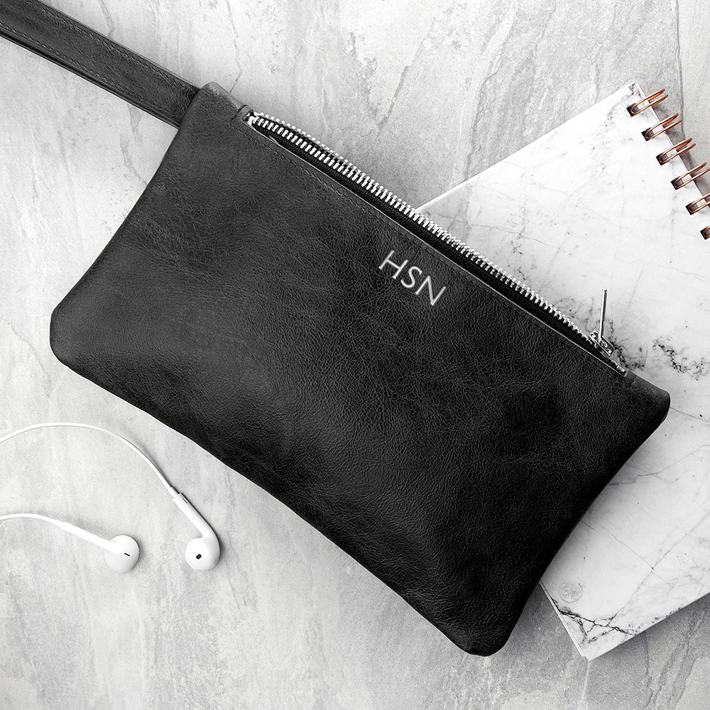 Monogrammed Black Leather Clutch Bag