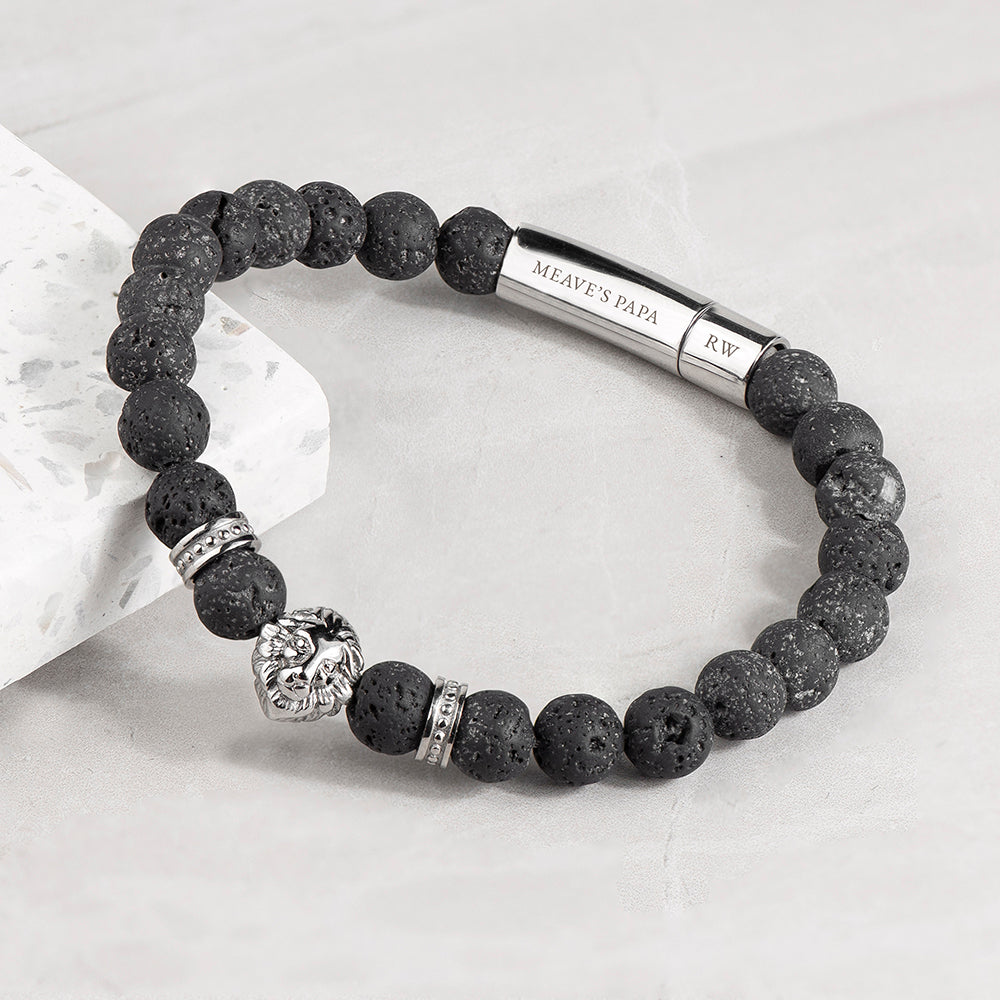 Personalised Men's Silver Lion Black Beaded Bracelet
