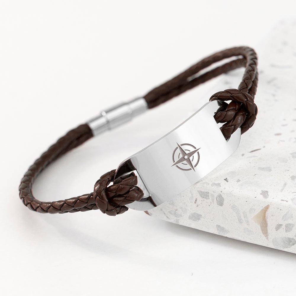 Personalised Men's Travel Compass Statement Leather Bracelet