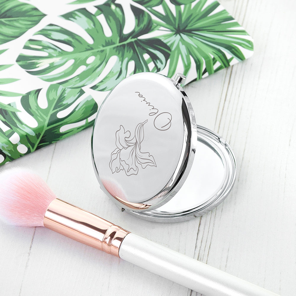 Personalised Silver Round Birth Flower Compact Mirror