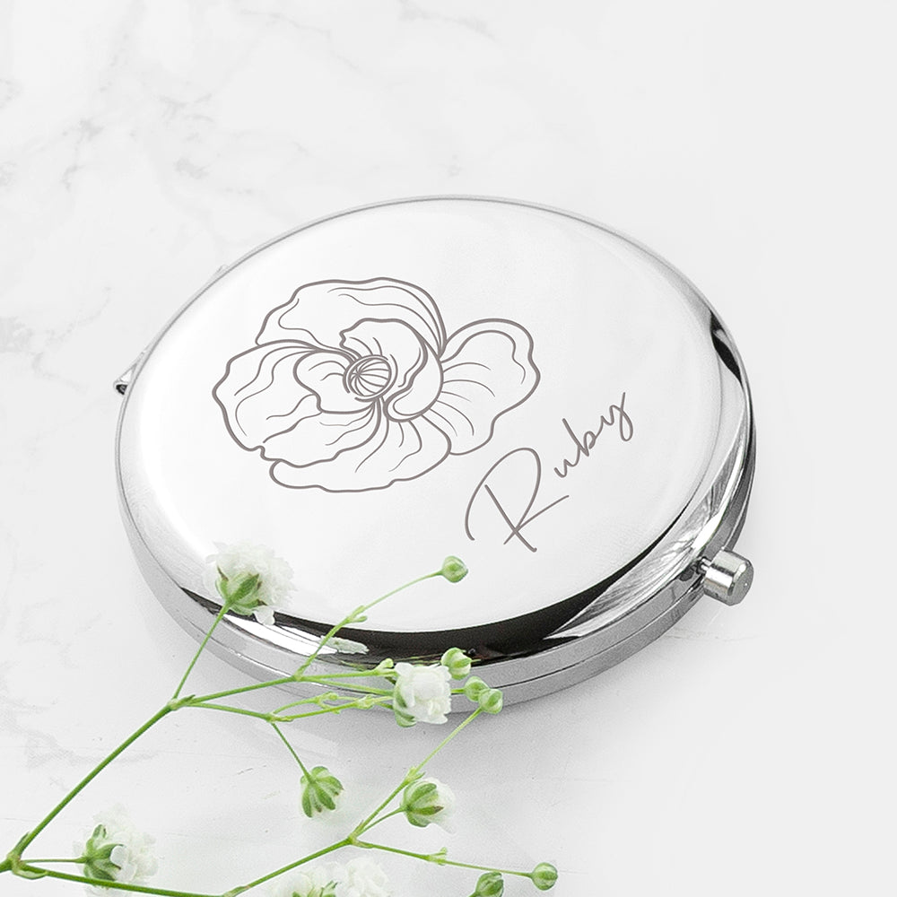 Personalised Silver Round Birth Flower Compact Mirror