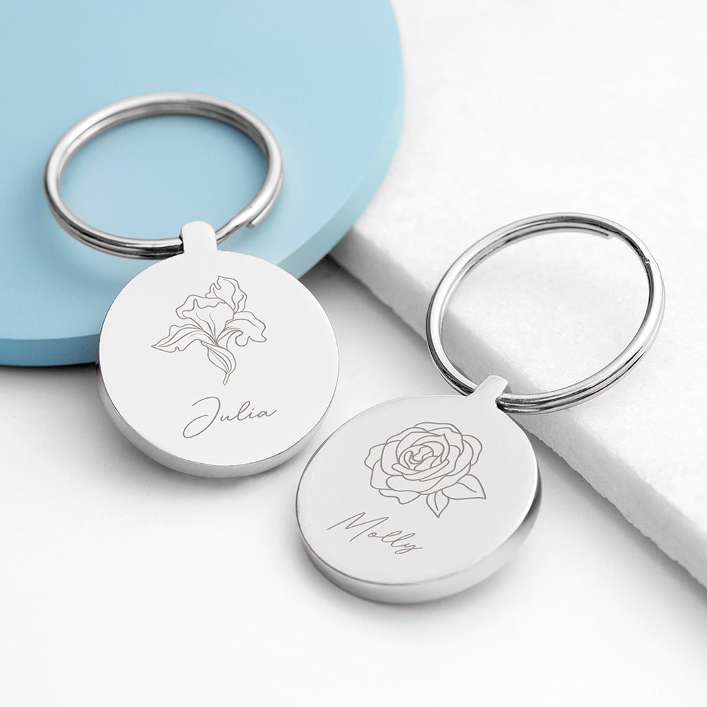 Personalised Round Birth Flower Keyring
