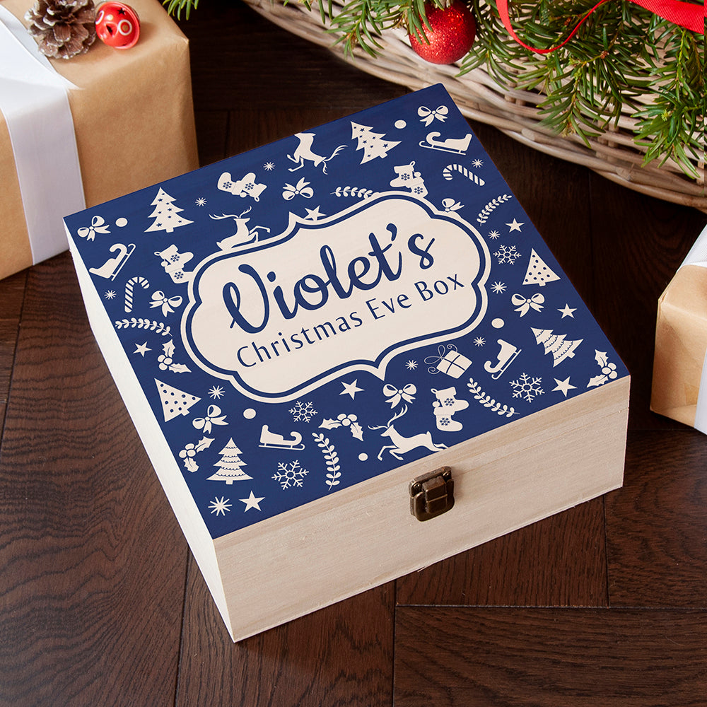 Festive Pattern Square Christmas Eve Box BLUE - Medium
