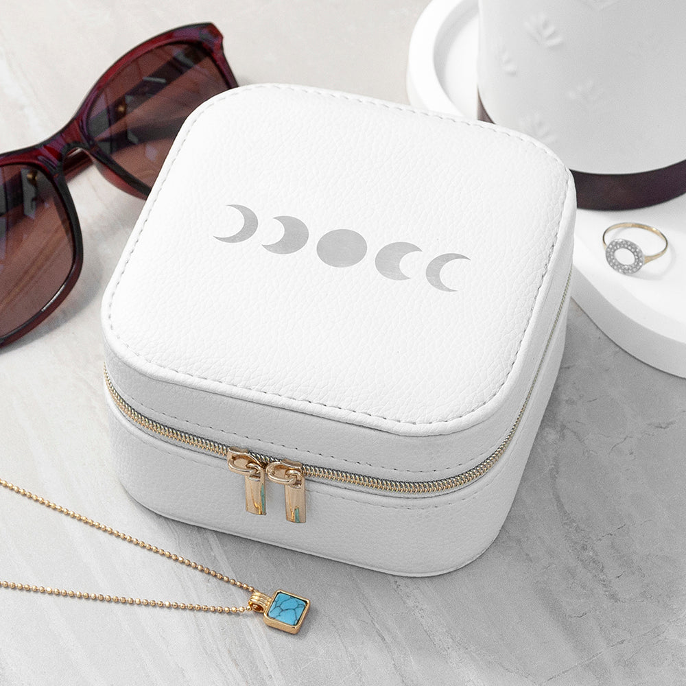 Customisable Moon Phase White Travel Jewellery Case
