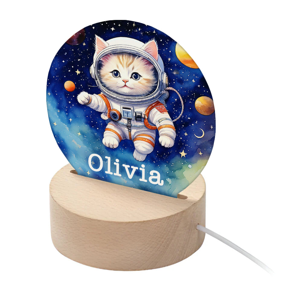Personalised Kid's Space Kitten LED Night Light