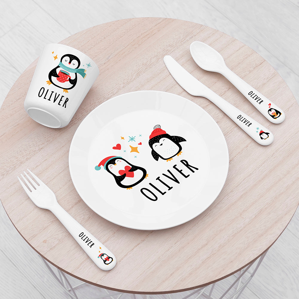 Personalised Kids Winter Penguin Plastic Dining Set