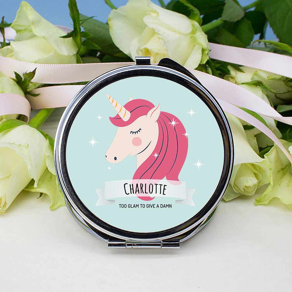 Personalised Sparkle Squad Round Blue Compact Mirror