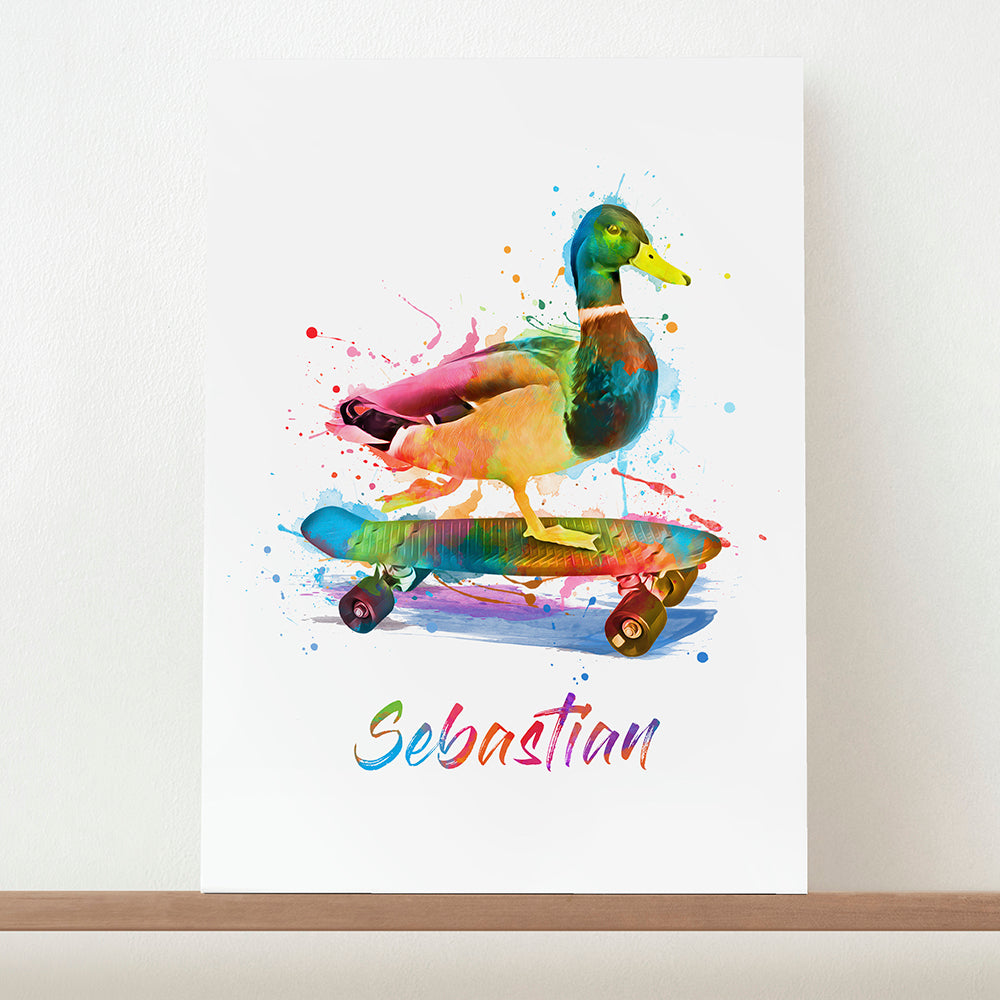 Personalised Watercolour Duck Skateboarding Print