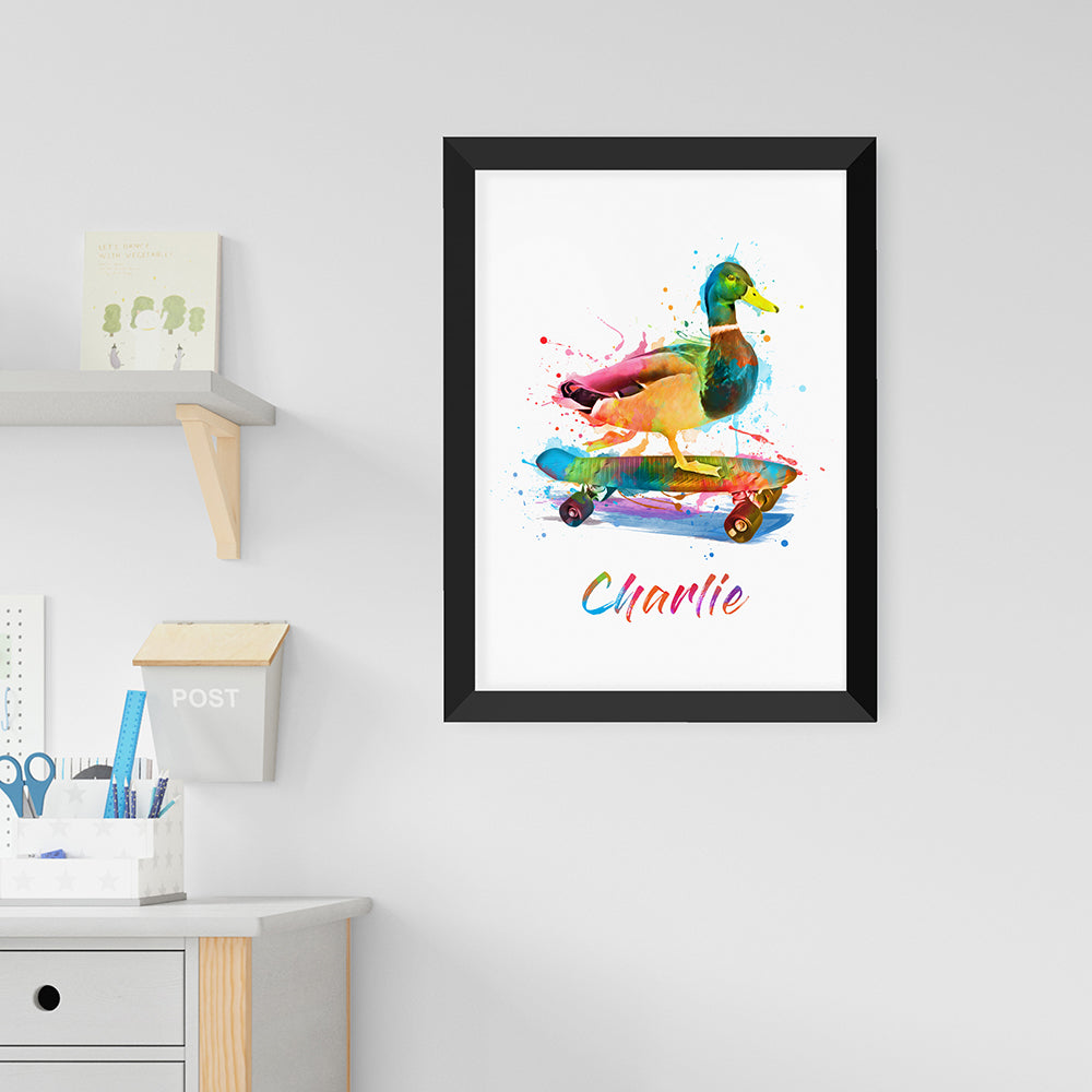 Personalised Watercolour Duck Skateboarding Print