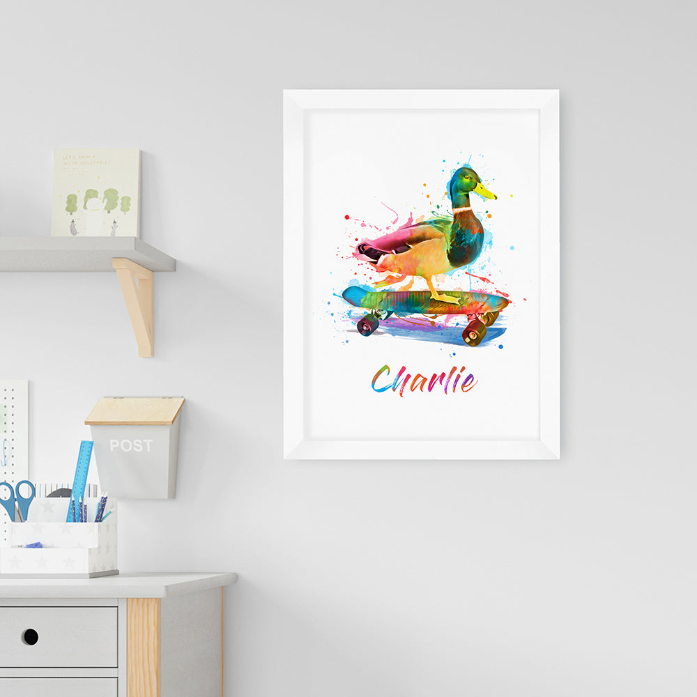 Personalised Watercolour Duck Skateboarding Print