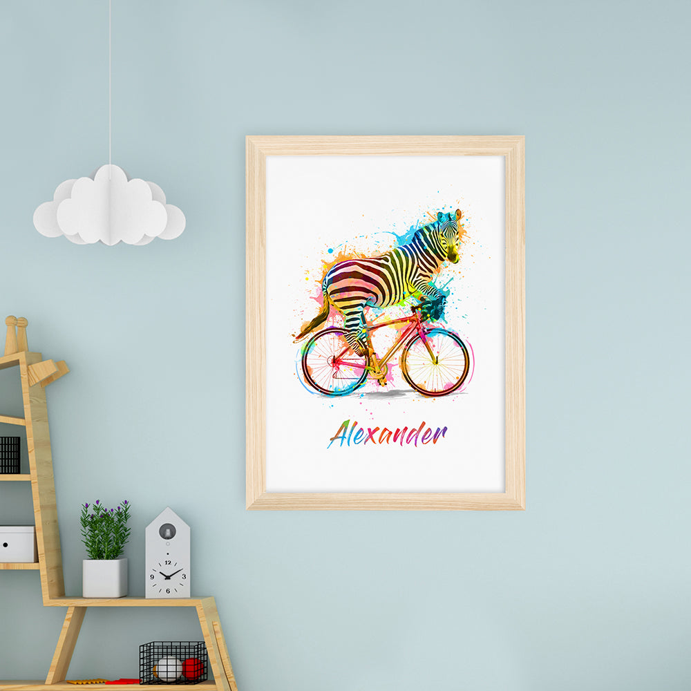 Personalised Watercolour Zebra Cycling Print