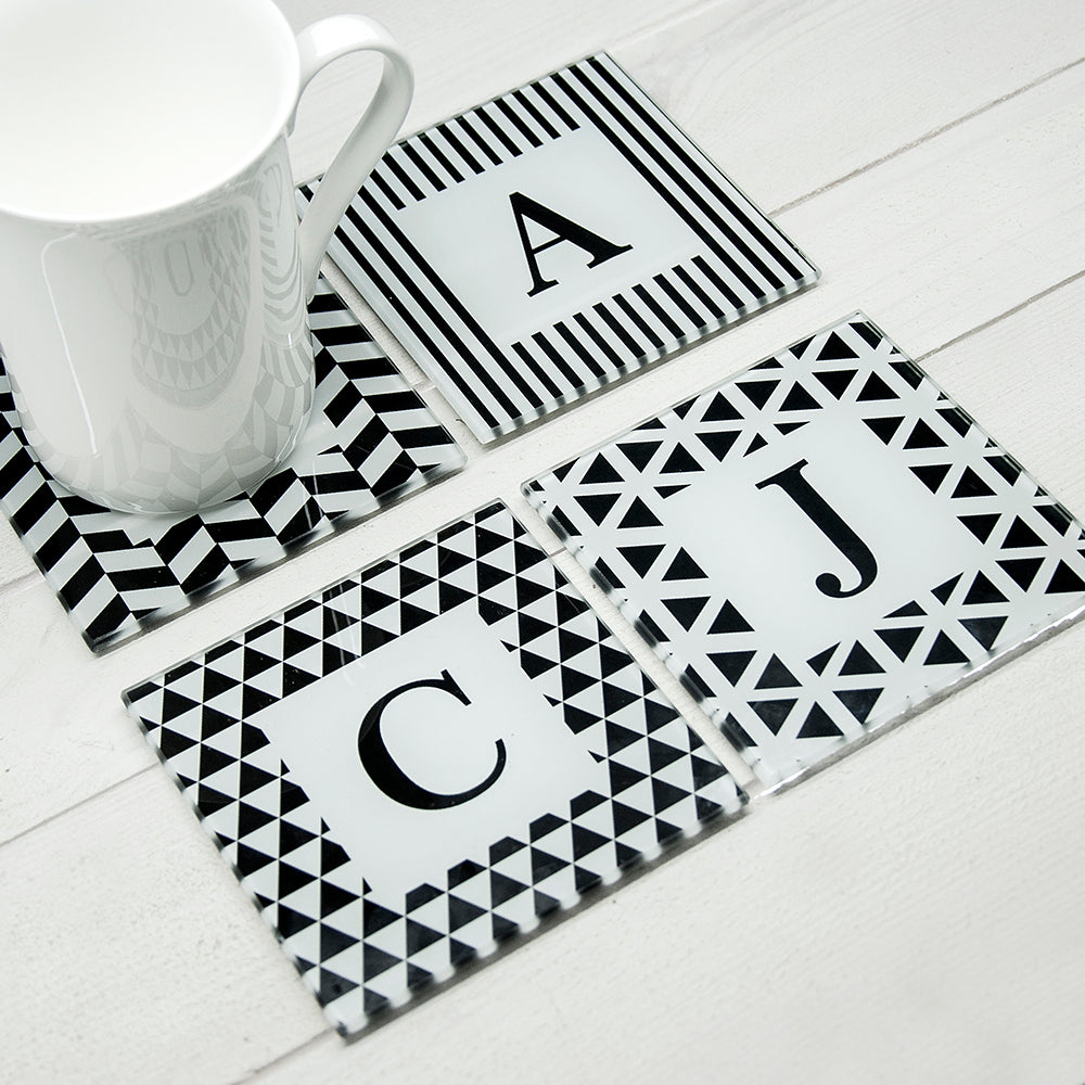 Set of Four Glass Coasters - Black & White Design