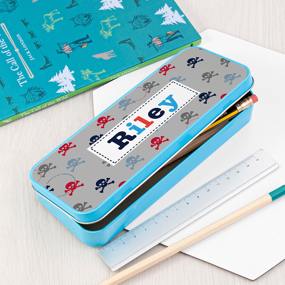 Personalised Boy's Blue Metal Pencil Case Tin
