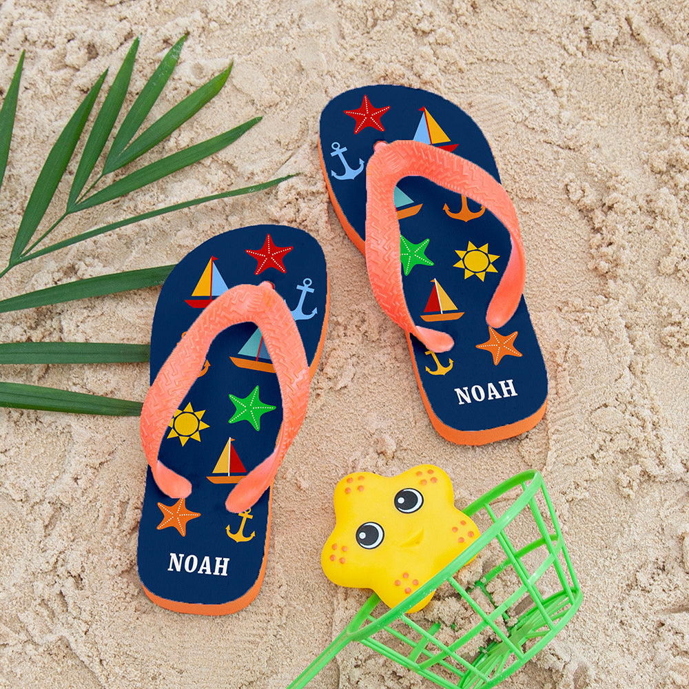 All The Fun At The Beach Child's Personalised Flip Flops In Navy