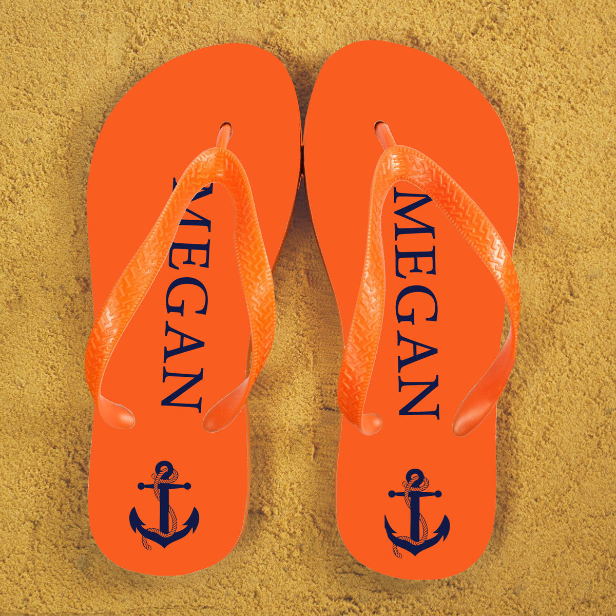 Anchor style Personalised Flip Flops in Orange and Blue