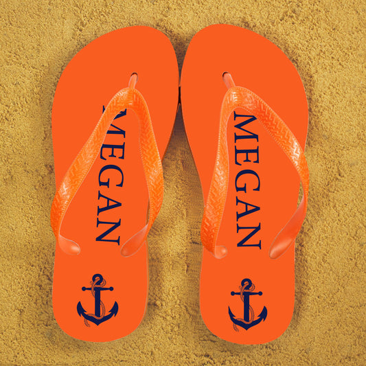 Anchor style Personalised Flip Flops in Orange and Blue