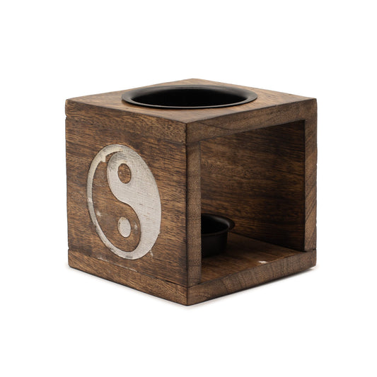 Square Mango Wood Oil Burner  - Yin Yang