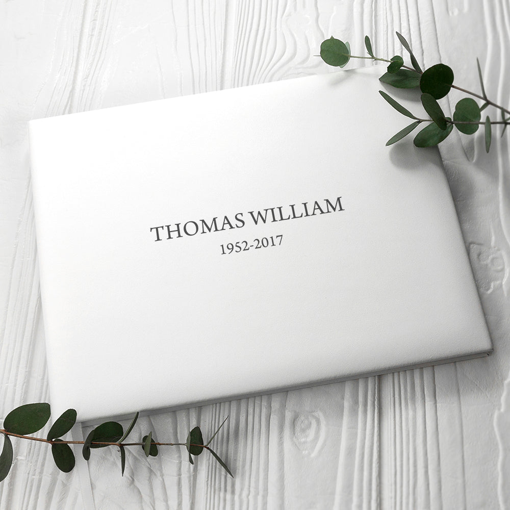 Engraved White Leather Memoriam Book