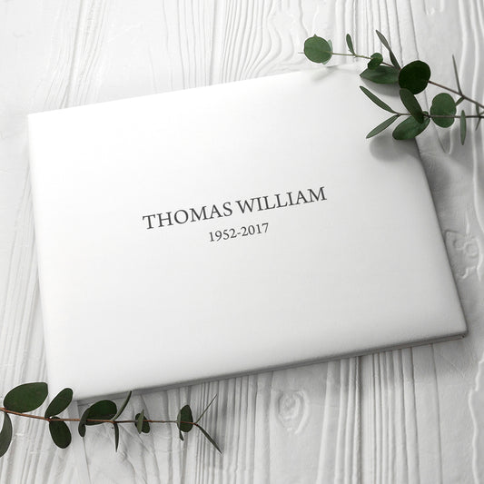 Engraved White Leather Memoriam Book