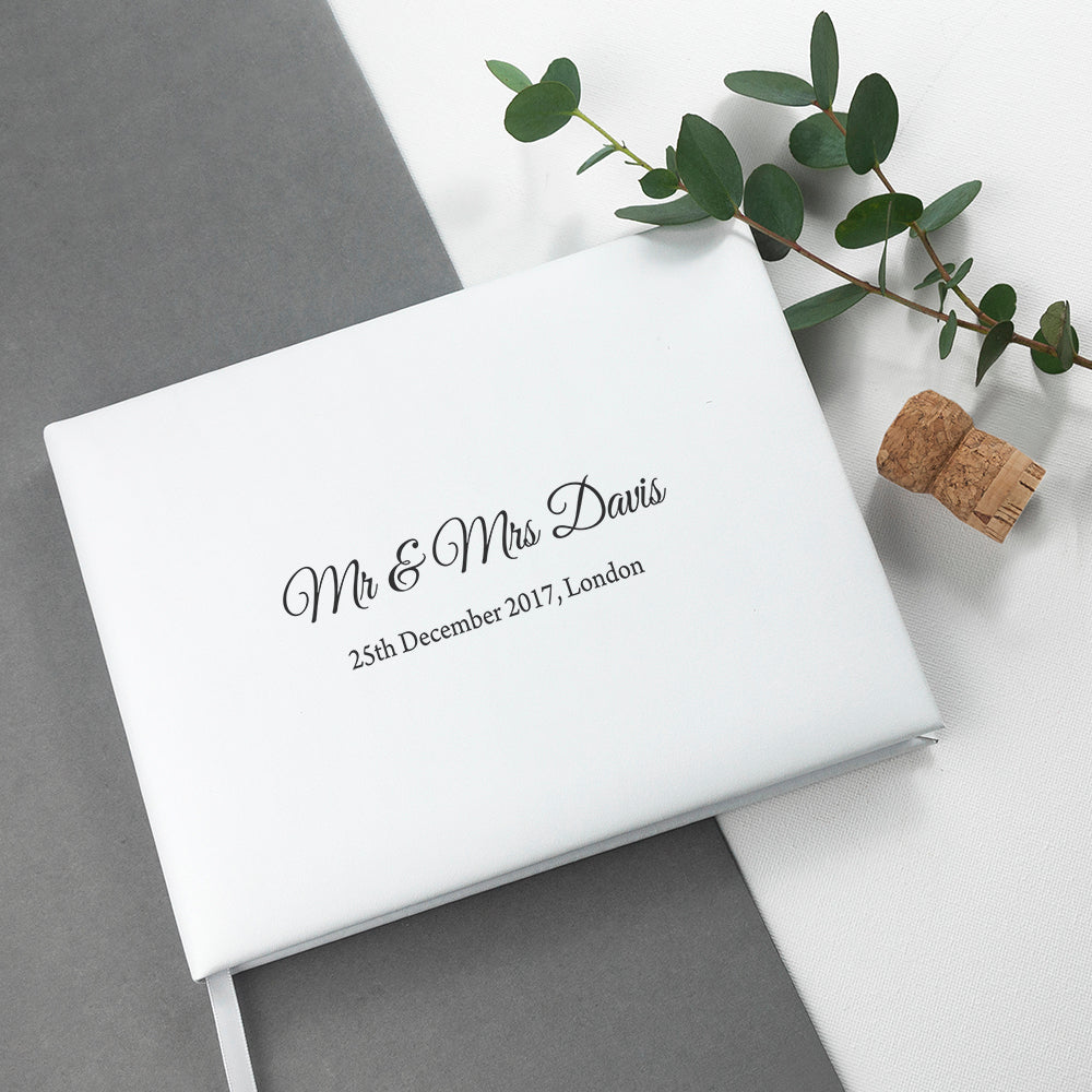 Engraved White Leather Wedding Guest Book