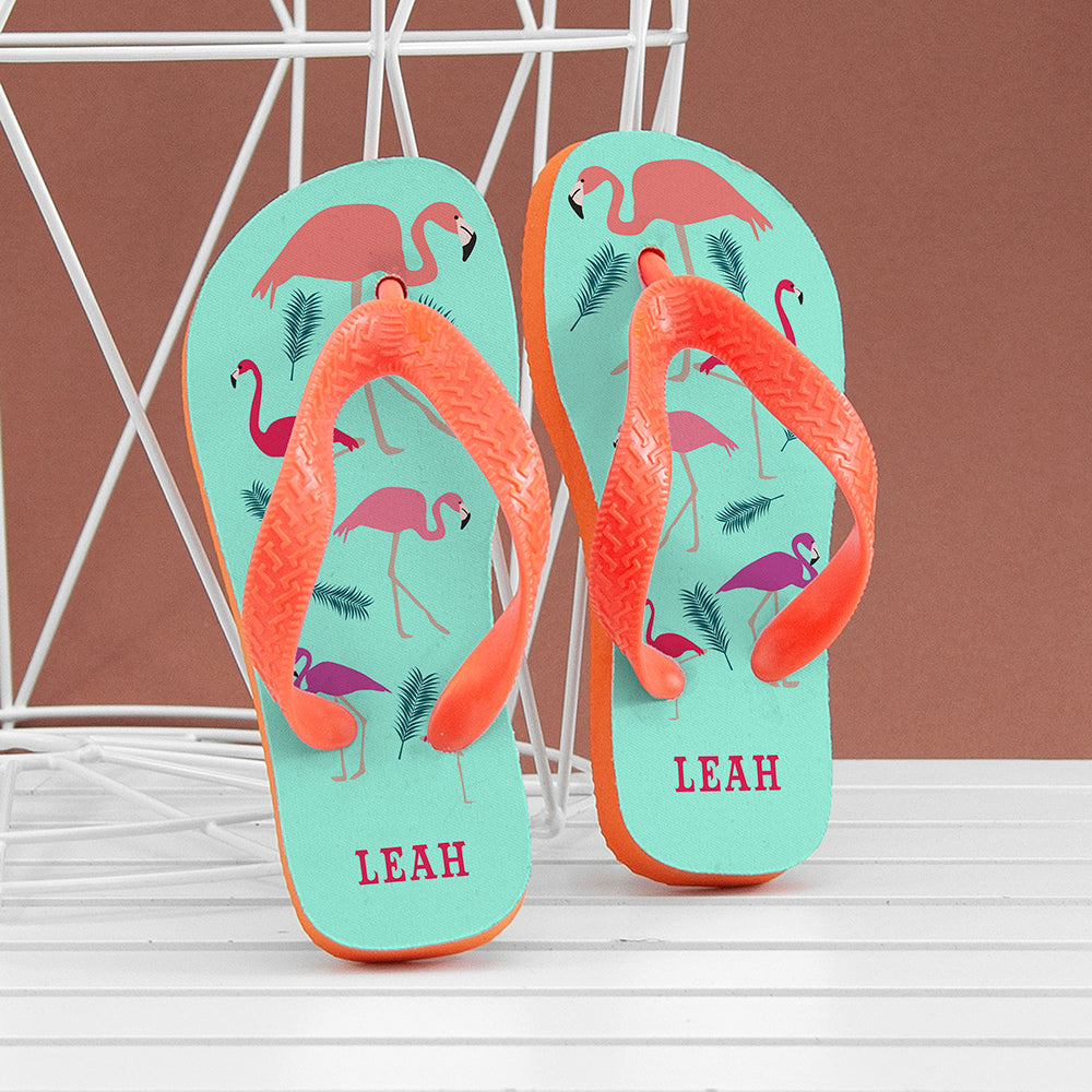 Fabulous Flamingos Child's Personalised Flop Flops 