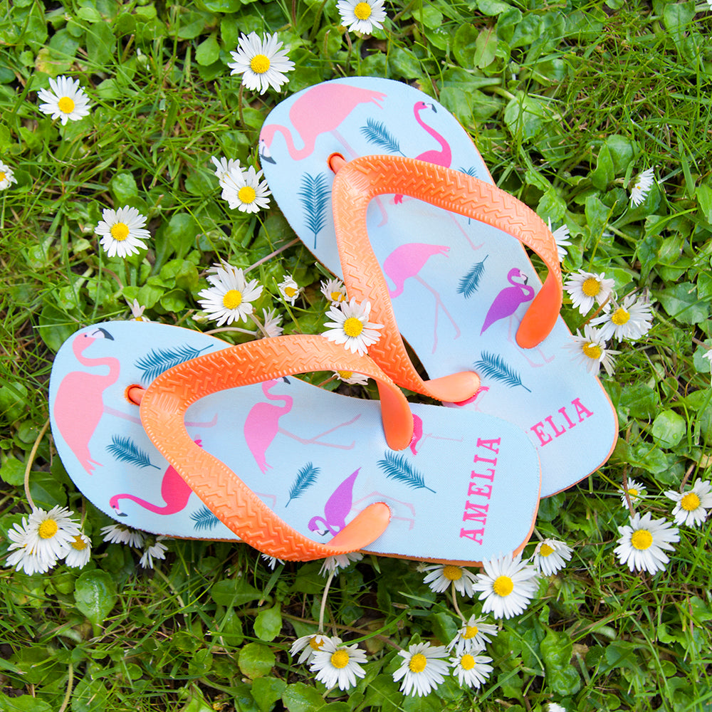 Fabulous Flamingos Child's Personalised Flop Flops 