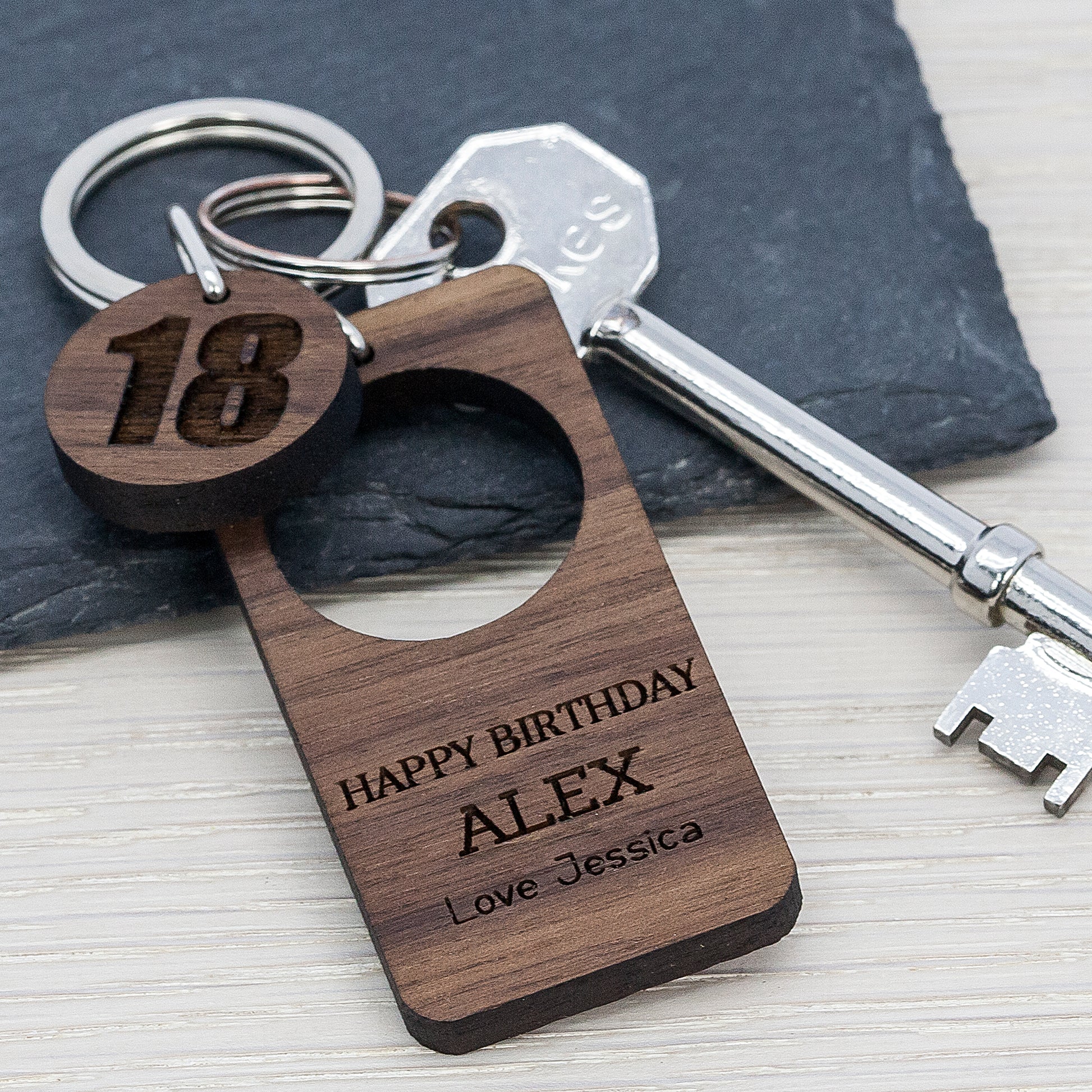 Happy Birthday Walnut Keyring 