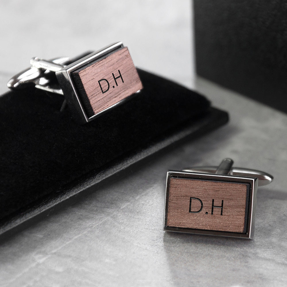 Monogram Engraved Rectangle Walnut Cufflinks