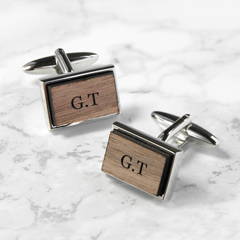 Monogram Engraved Rectangle Walnut Cufflinks