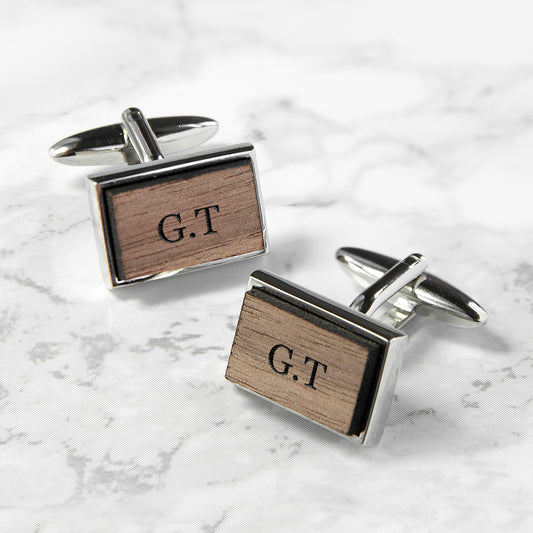 Monogram Engraved Rectangle Walnut Cufflinks