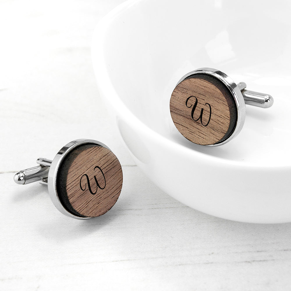 Monogram Engraved Round Walnut Cufflinks