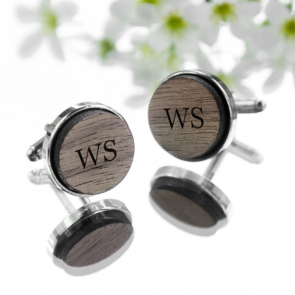 Monogram Engraved Round Walnut Cufflinks