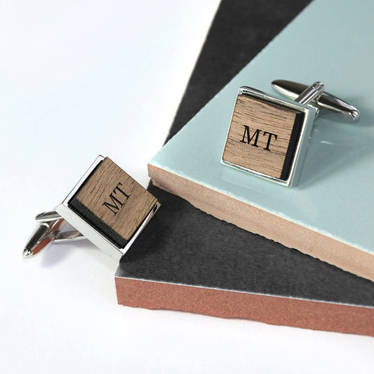 Monogram Engraved Square Walnut Cufflinks