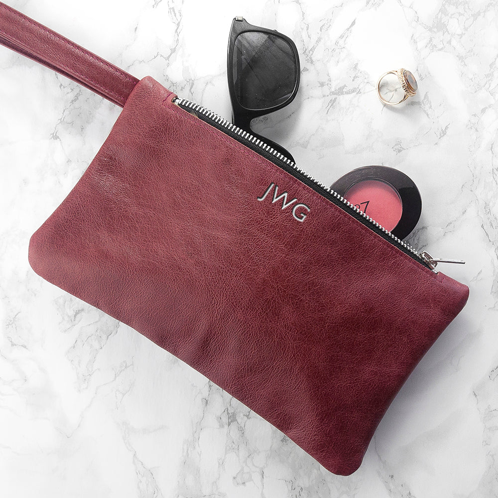 Monogrammed Burgundy Leather Clutch Bag 