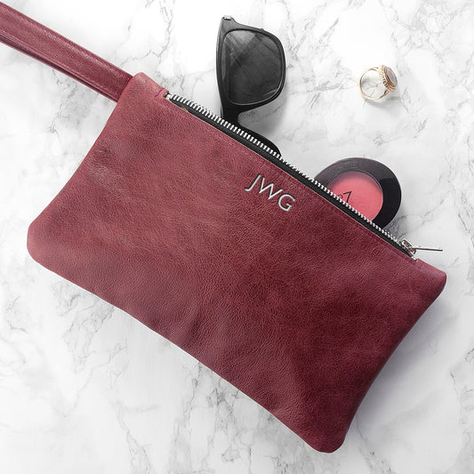 Monogrammed Burgundy Leather Clutch Bag 