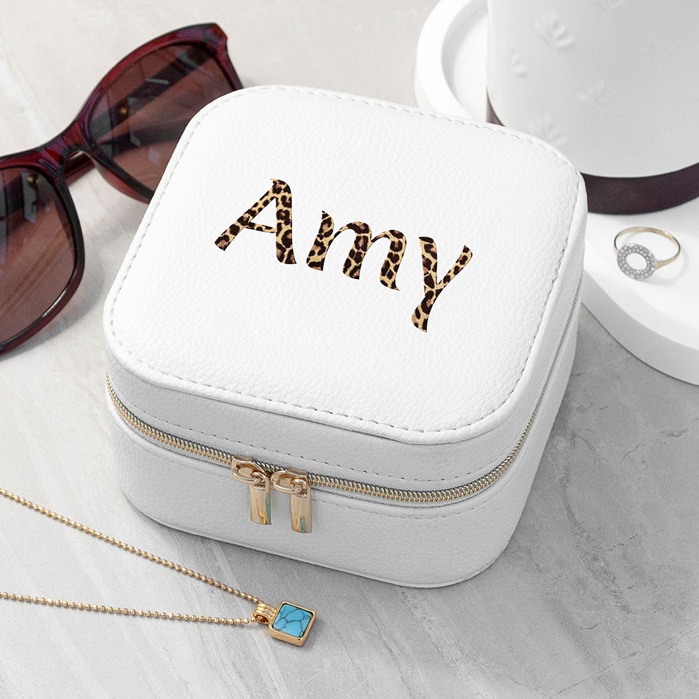 Personalised Animal Print White Travel Jewellery Case