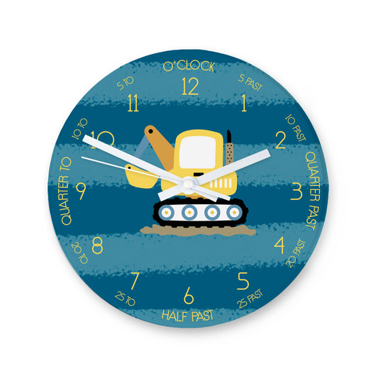 Personalised Kids Digger Glass Clock - Large