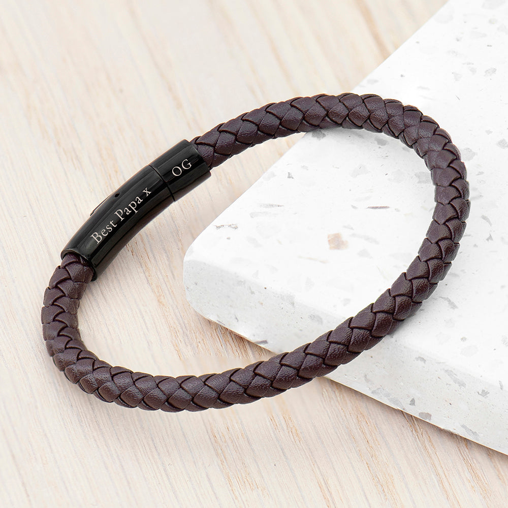 Personalised Mens Woven Brown Leather Bracelet