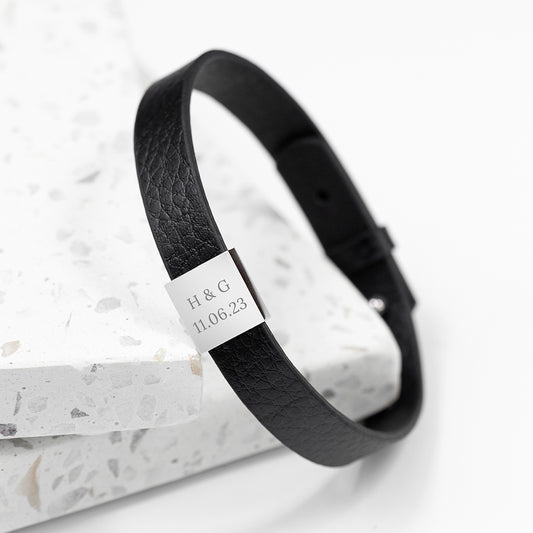 Personalised Men's Soho Tag Message Black Leather Bracelet