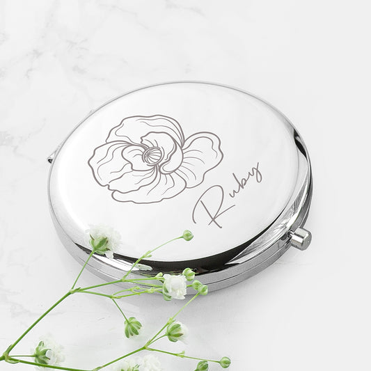 Personalised Silver Round Birth Flower Compact Mirror