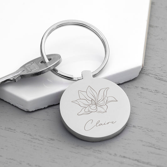 Personalised Round Birth Flower Keyring
