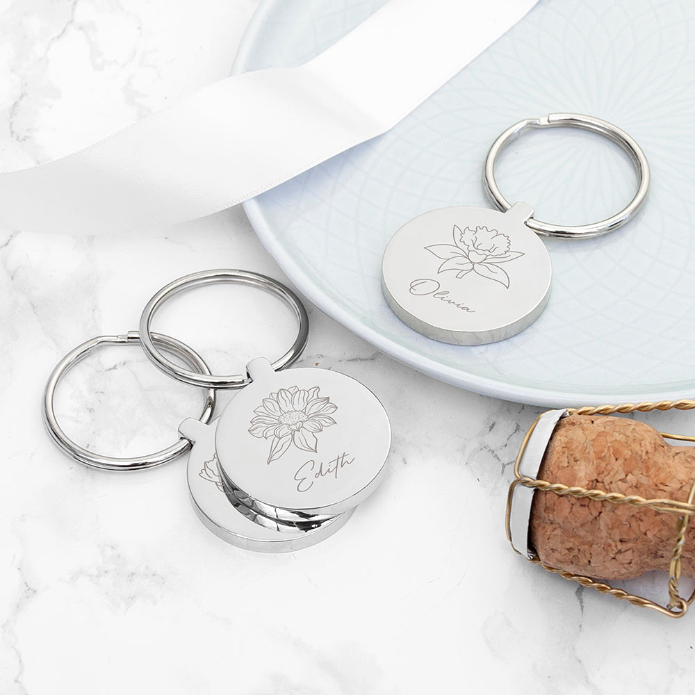 Personalised Round Birth Flower Keyring