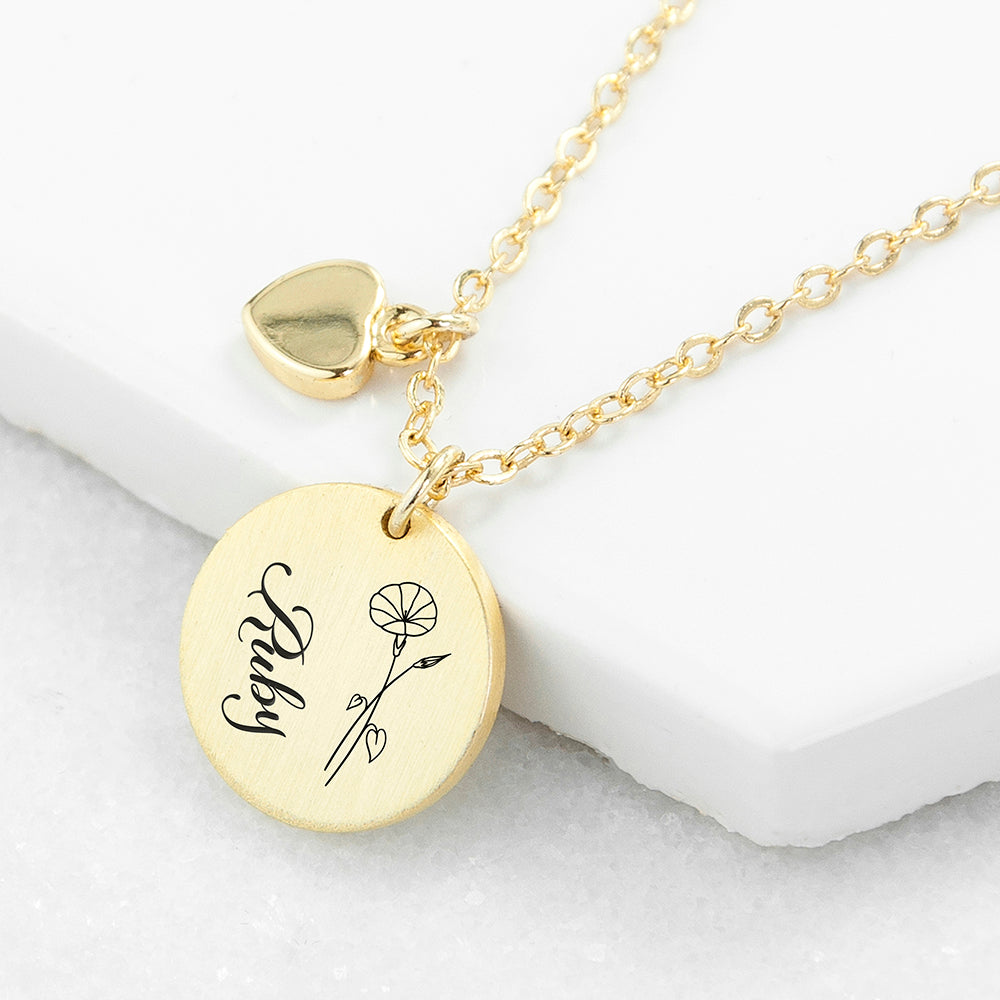 Personalised Birth Flower Brushed Heart and Disc Necklace