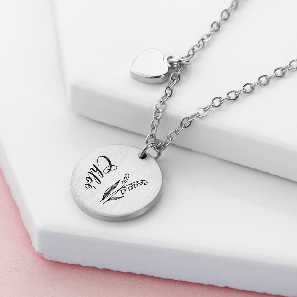 Personalised Birth Flower Brushed Heart and Disc Necklace