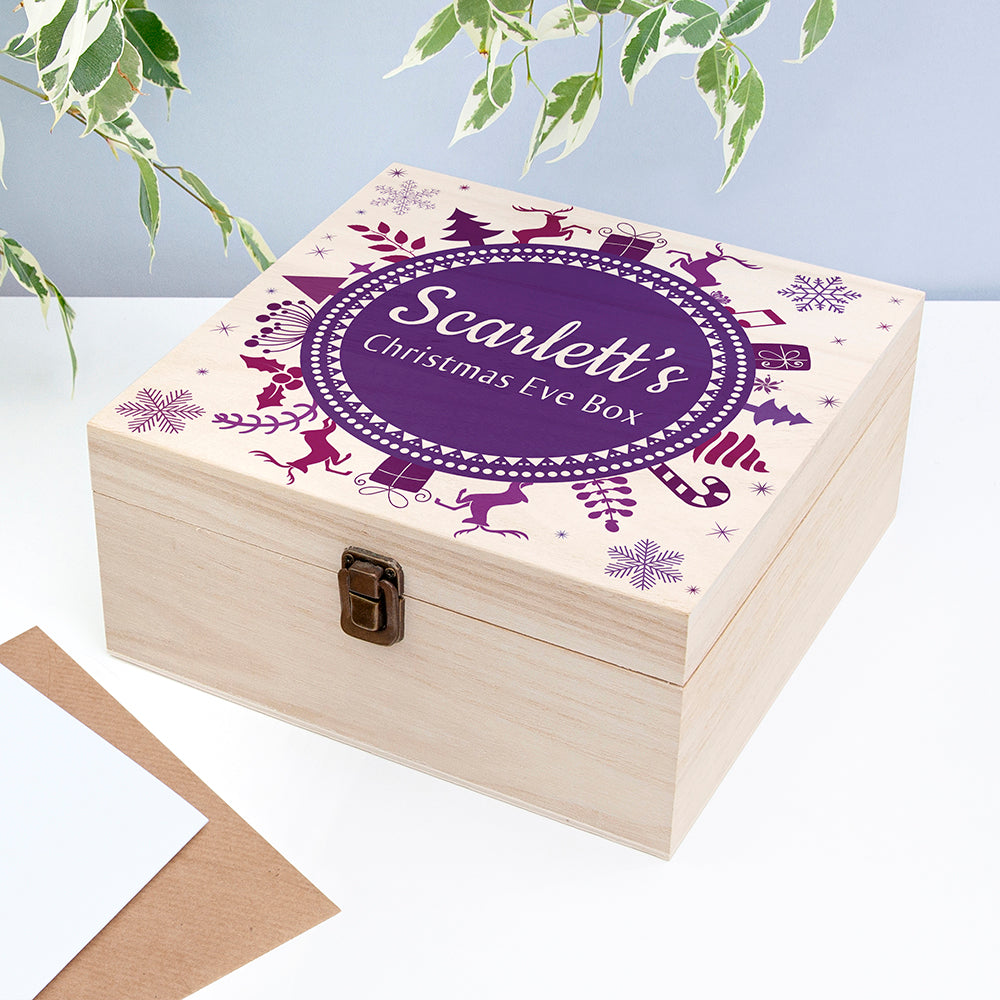 Personalised Square Christmas Eve Box With Snowflake Wreath PURPLE - Medium