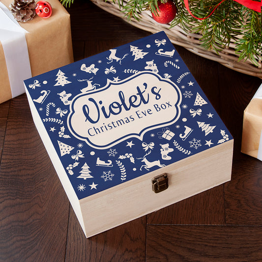 Festive Pattern Square Christmas Eve Box BLUE - Medium