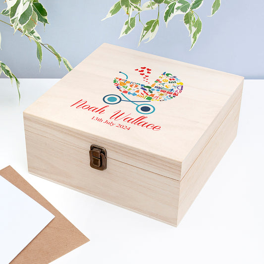 Personalised Pram Baby Boy Memory Box - Medium