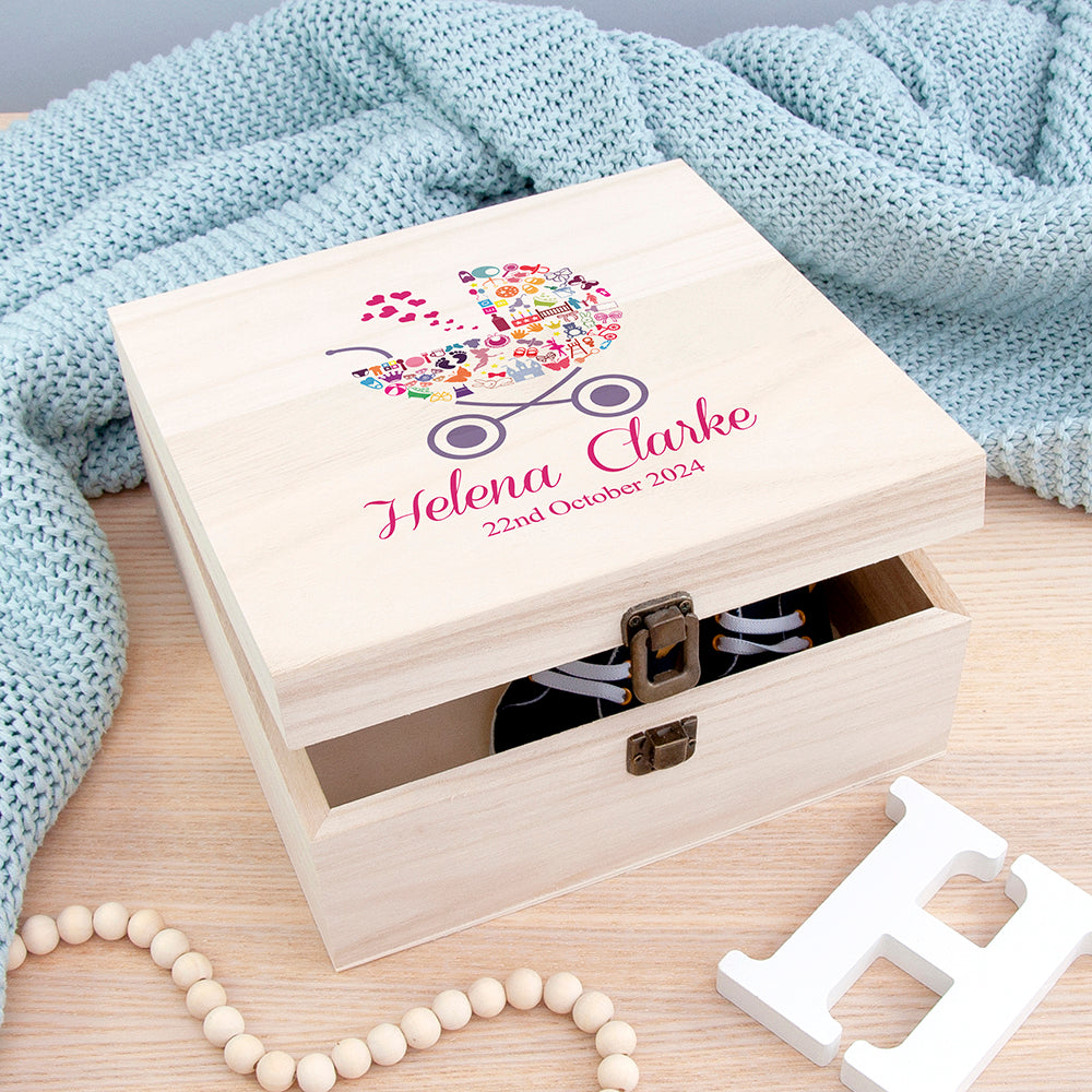 Personalised Pram Baby Girl Memory Box - Medium