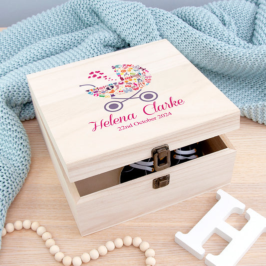 Personalised Pram Baby Girl Memory Box - Medium